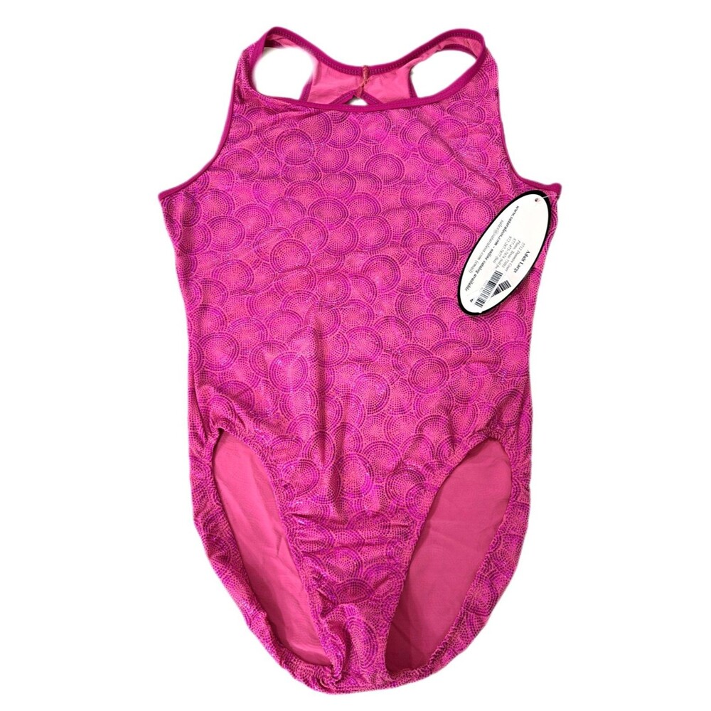 Satara VTG Barbie Pink Foiled Circles Racerback Leotard Open Back Keyhole Sz AL - Picture 9 of 15